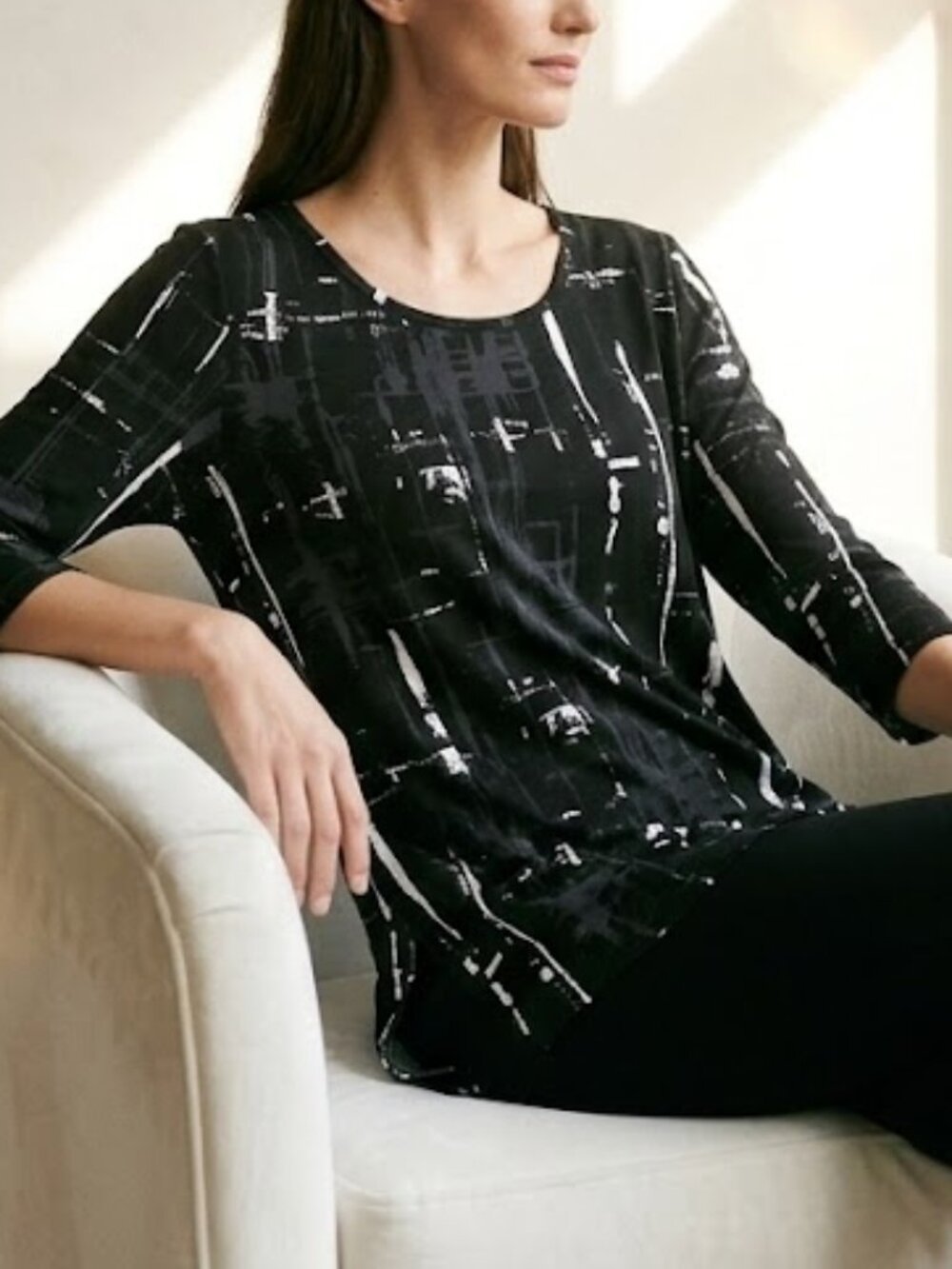 Sympli Go To Classic T Relax 3/4 Sleeve Drifting Lines Black Tunic Top Size 8